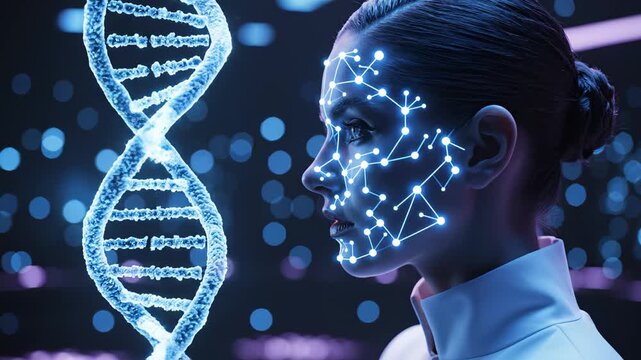 Woman with DNA helix and digital face map