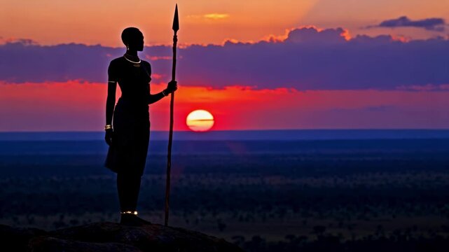Silhouette of an African woman warrior holding a spear at sunset. Tribal female standing on a rock looking at savanna landscape. Indigenous culture concept
