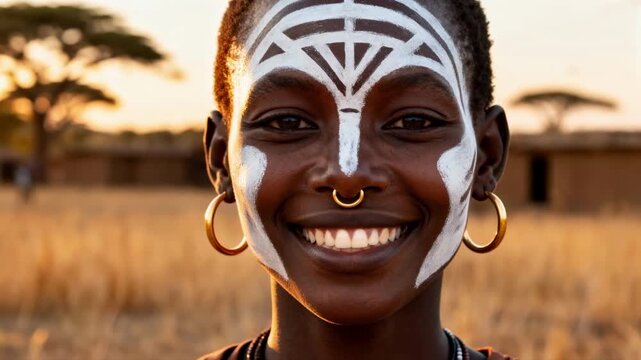 Close-up portrait of a smiling African woman with white tribal face paint. Happy indigenous female with gold nose ring. Authentic cultural heritage and diversity
