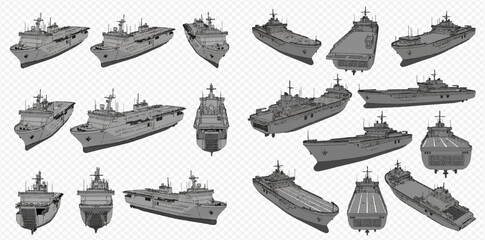 Set of various angles and views of a modern military warship or aircraft carrier on a transparent background, showcasing different perspectives for design and illustration. © Heri