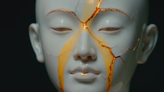 White porcelain face with cracks healing with flowing golden liquid. Kintsugi art concept showing broken ceramic head repaired with glowing gold on dark background. Mental health recovery metaphor