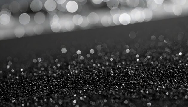 Abstract Bokeh Background of Shimmering Silver Light on Black Sand, Sparkling Glitter Particles with Soft Focus Depth of Field, Elegant Metallic Texture for Luxury Design