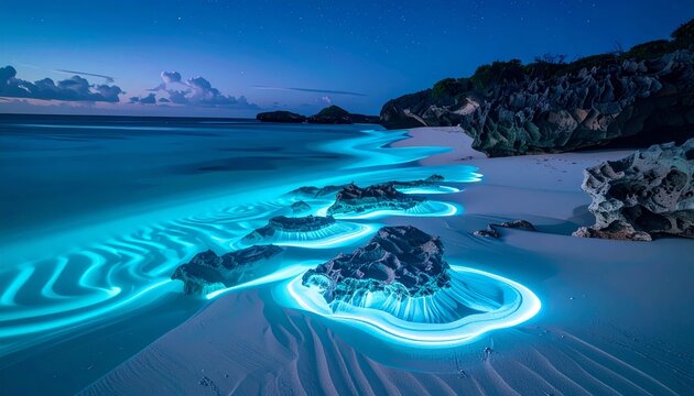 Bioluminescent Ocean Waves Crashing on Tropical Beach at Night, Glowing Blue Neon Plankton in Surfing Water, Magical Coastal Landscape with Illuminated Shoreline and Exotic Dark Rocks