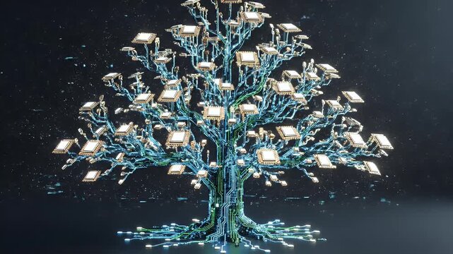 Abstract digital tree with circuit board branches and glowing components