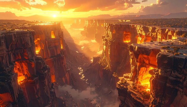 Glowing Sunset over Deep Canyon with Ancient Rock Structures, Golden Hour Light Shining on River and Cliffs, Dramatic Fantasy Landscape of Arid Wilderness and Mountainous Valley