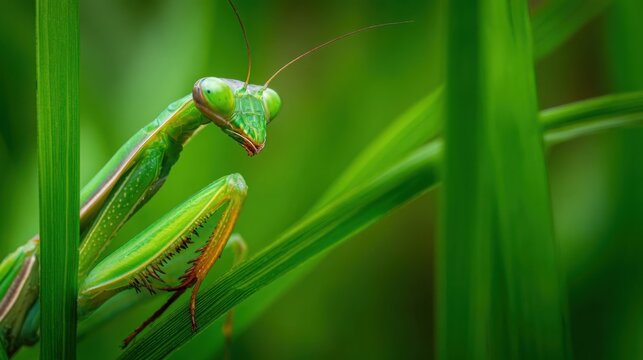 Intense macro side shot of a vibrant green praying mantis stalking prey on a lush leaf