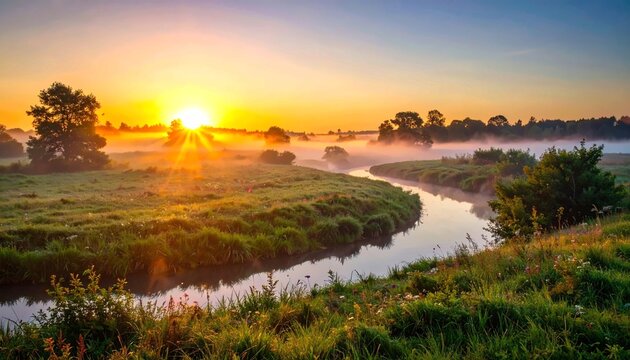 Beautiful Sunrise over Winding River in Rural Meadow, Golden Morning Sunlight and Fog over Green Countryside Landscape, Peaceful Nature Scene with Summer Mist and Wild Grass Fields