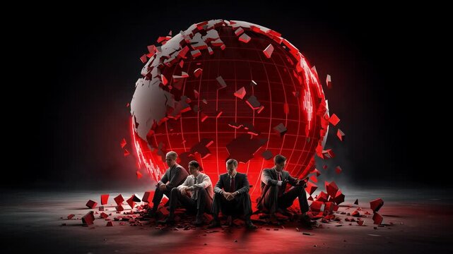 Business people sit in front of a shattered globe, symbolizing a global crisis. The visual shows the impact of falling markets, illustrating a significant economic downturn.