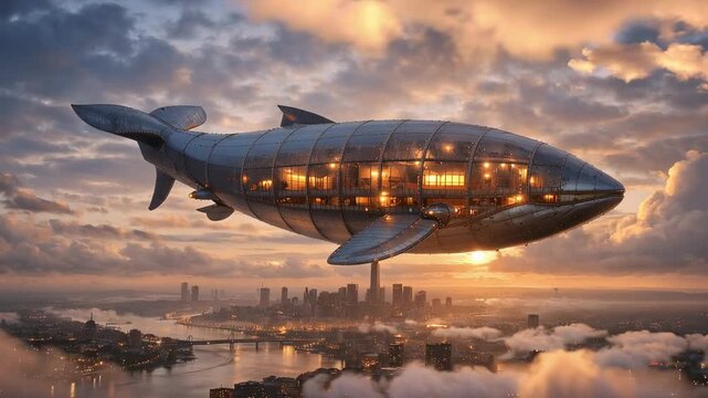 Futuristic airship flying over city at sunset with glowing windows and dramatic sky fantasy travel