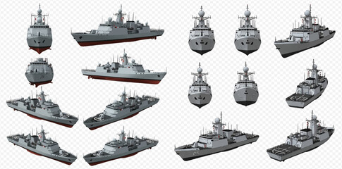 Set of military navy ships from various angles, isolated on a transparent background. © Heri