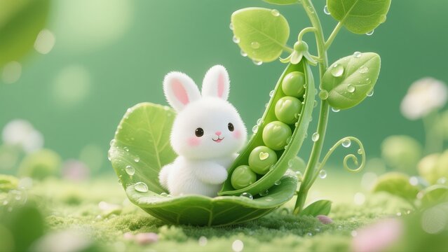 Cute white bunny in green pea pod