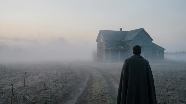Man in dark cloak walking towards a creepy abandoned house in thick fog. Spooky wooden cabin on a misty dirt road. Horror movie and mystery concept