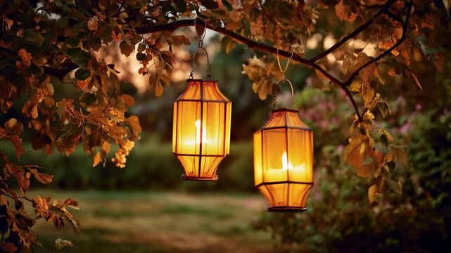 Warm glowing lanterns hanging on tree branches with autumn leaves cozy evening garden light scene