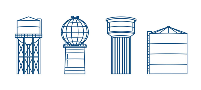Industrial water tank vector collection featuring various storage tower designs