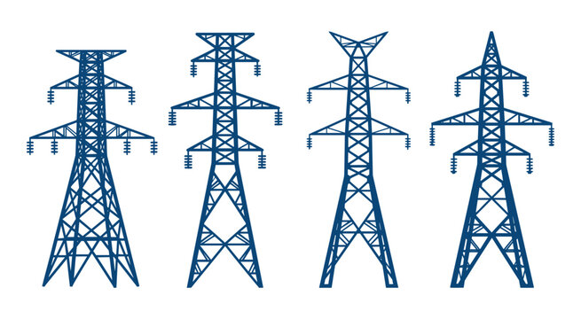 Electric power transmission line vector set of high voltage steel lattice pylons