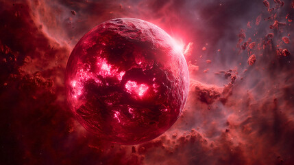 Naklejka premium Vibrant red exoplanet glowing brightly in a cosmic nebula