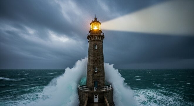 An iconic photorealistic lighthouse bravely withstands a powerful ocean storm amidst crashing waves and dark skies