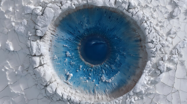 Tidally locked ice world with a frozen blue eye, cracked surface