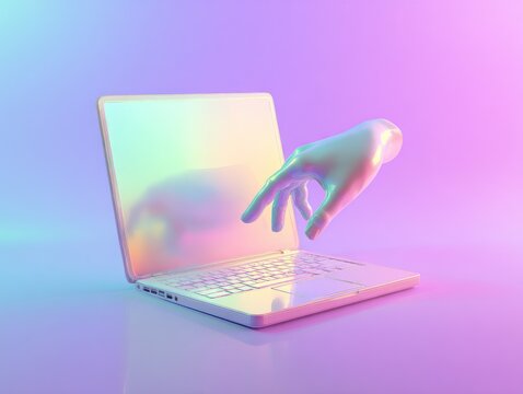 A 3D rendered computer and a disembodied hand emerges from the screen, under vibrant, gradient lighting. The scene looks futuristic and digitally created