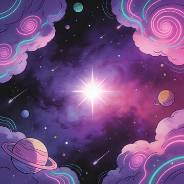 Cosmic nebula with planets and shooting stars, vibrant purple and pink galaxy, stylized clouds with neon outlines, outer space exploration and sci-fi theme
