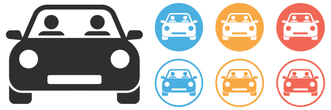 Carpool people car icon set, shared transportation and ride sharing concept, group travel with vehicle and passenger symbols, mobility service icons collection, modern flat vector illustration isolate