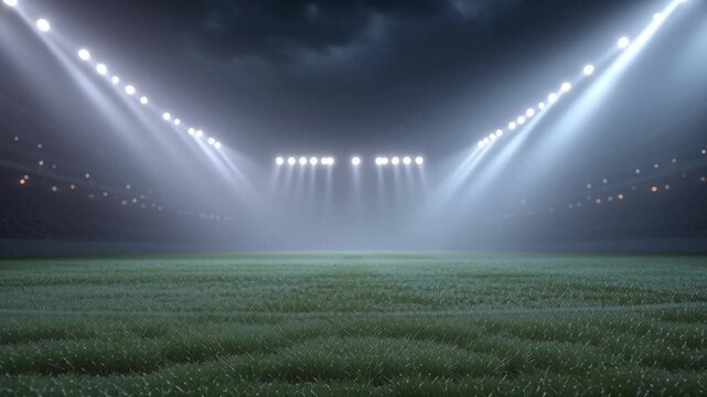 Bright lights illuminate a large football field during the evening. The atmosphere is filled with anticipation as players prepare for an important match in a stadium with empty stands.