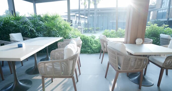 Hotel restaurant empty table breakfast food morning light travel business background