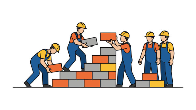 Bricklayers at Work: A group of skilled bricklayers collaboratively constructing a wall, demonstrating precision and teamwork in their craft.