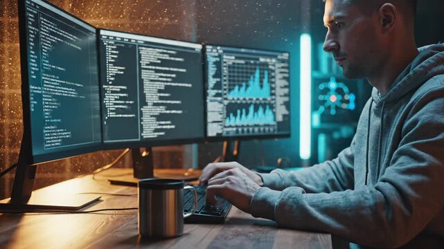 Programmer writes code on multiple monitors showing data charts. Developer types on keyboard with code screens. Programmer works at night coding. Multiple monitors display code and data charts.