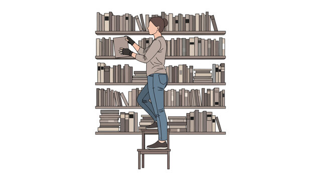Bookworm's Pursuit: A reader delves into a towering bookshelf, hand reaching for the next literary adventure. This illustration shows a dedicated book lover pursuing knowledge