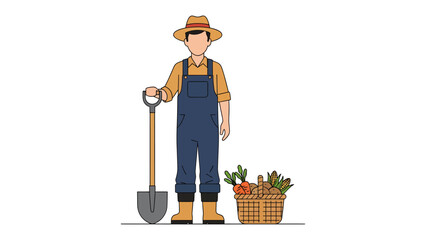 Farmer in the Field: A hardworking farmer stands ready in the field, beside a basket filled with fresh harvest, symbolizing the connection between people and nature's bounty. © Atiya