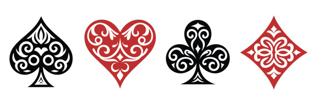 Casino poker card suit ornaments and gambling game card deck symbols, clubs, hearts, diamonds and spades with elegant decorative frames, jackpot themed vector icons set for casino design projects.