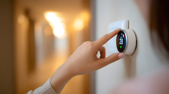 Hand adjusting smart thermostat dial 28 degrees in warm hallway with soft bokeh lighting, cozy indoor temperature control and modern home comfort