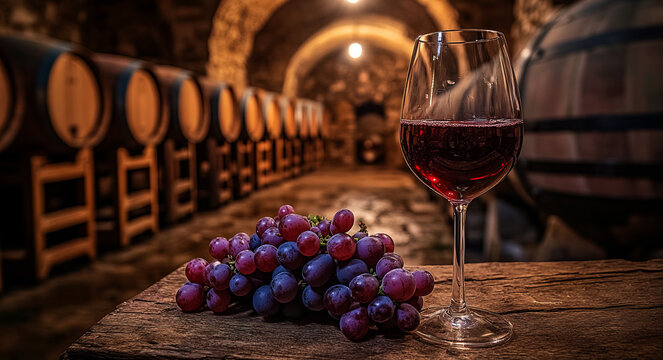  red wine glass and grapes on an old wooden table in the middle of a traditional tuscan stone 