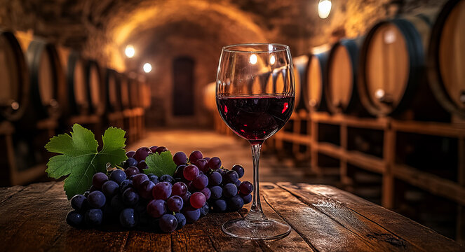  red wine glass and grapes on an old wooden table in the middle of a traditional tuscan stone 