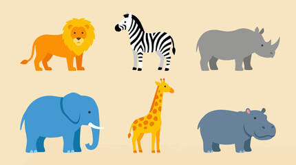 Fototapeta premium Cartoon illustrations of various safari animals including a lion, zebra, rhino, elephant, giraffe, and hippo on a light background.