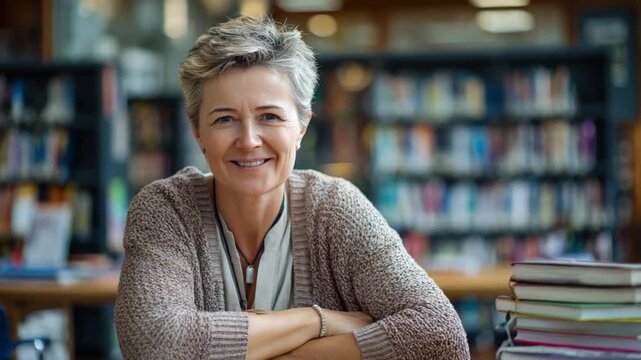 Librarian's Warmth: A portrait of a smiling librarian, surrounded by shelves of books, exuding a sense of knowledge and comfort in the serene library atmosphere.