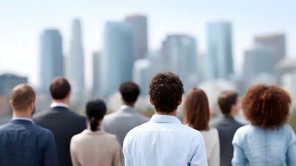 Obraz premium A diverse group of professionals stands facing a modern city skyline looking towards the future