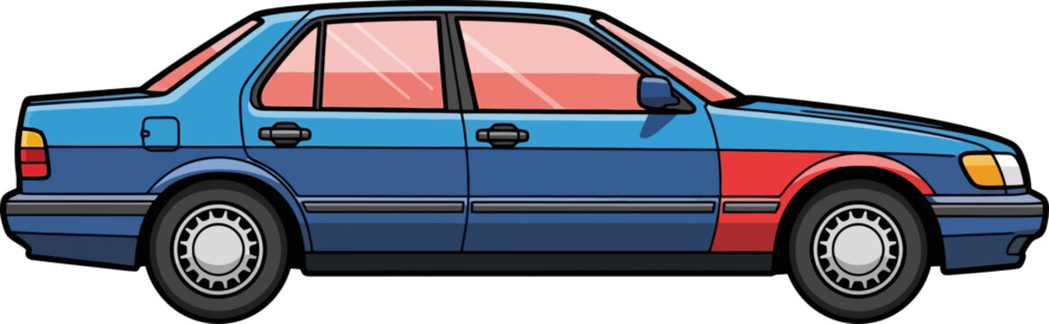 Vintage blue sedan with contrasting red front fender