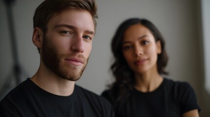 Fototapeta premium Close up portrait of a man and woman in black t shirts looking forward in a minimalist studio