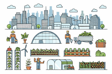 Fototapeta premium Sustainable city and agriculture illustration with farmers and various crops