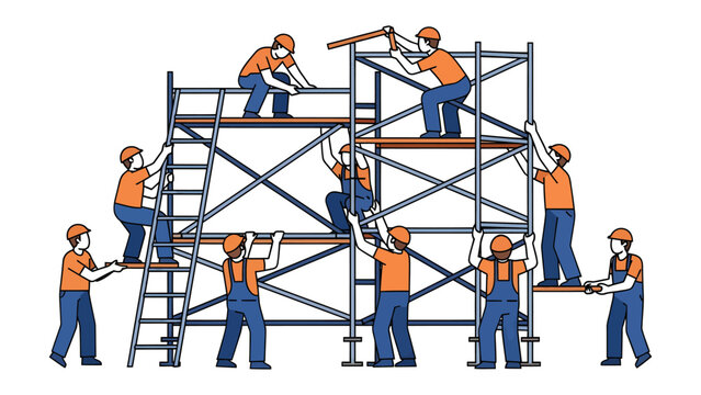 Building Collaboration: A team of construction workers is working together to erect a sturdy scaffolding, highlighting the importance of teamwork and collaboration in the construction industry.