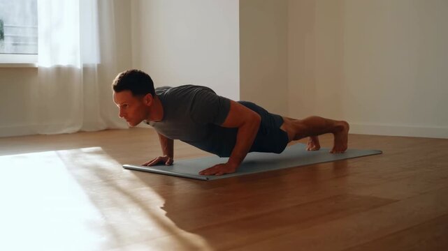 Individual Performs Pushups At Home. Athlete Practicing Progressive Pushups In Sunlit Living Space