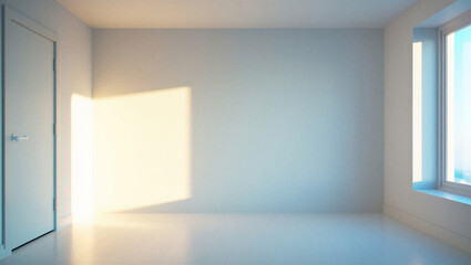Empty blue room interior with sunlight hitting the wall and a closed door © Sabbir Digital