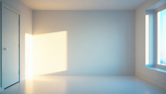 Empty blue room interior with sunlight hitting the wall and a closed door