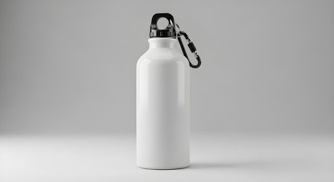 White Aluminum Sports Water Bottle with Carabiner Clip Mockup