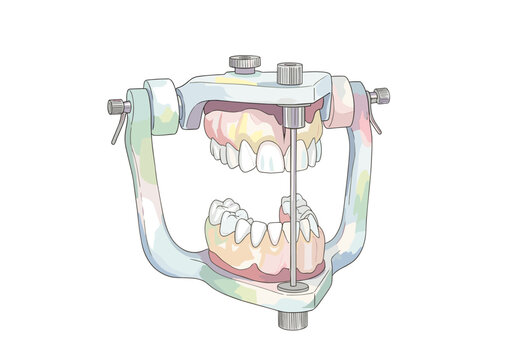 Dental articulator with artificial teeth demonstrating occlusion and bite registration