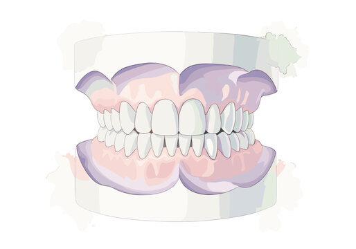 Illustration of a full set of dentures on a dental model showing upper and lower teeth