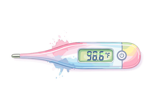 Digital thermometer displaying 98.6 degrees Fahrenheit with colorful watercolor accents