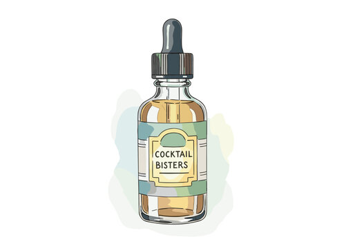 Hand drawn bottle of cocktail bitters with dropper top and label